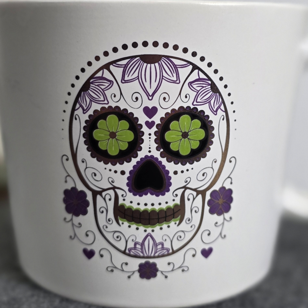 White Skull Design Souper Mug with Purple, Gold and Green Accents